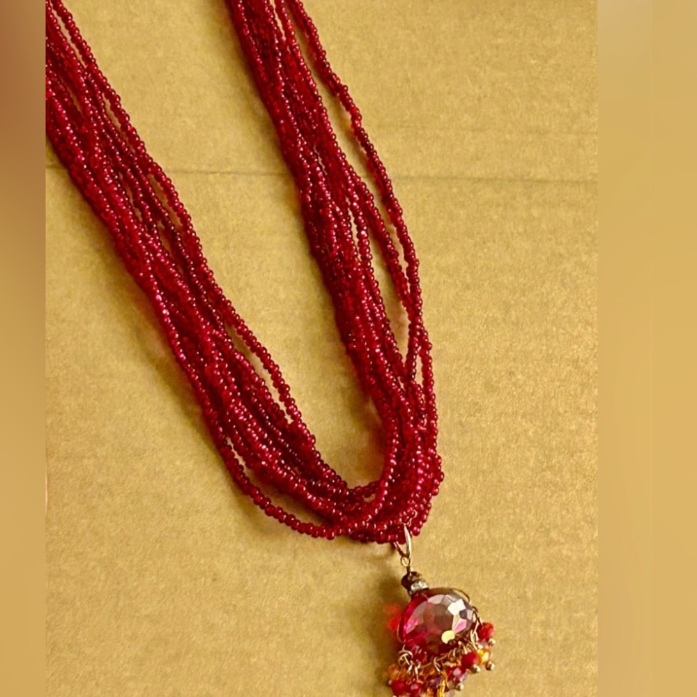 Vintage Necklace Ruby Red multistrand Seed Beads w fiery beaded dome pendant